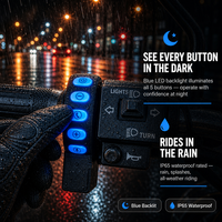 Contrôleur Bluetooth étanche IP65 pour moto avec rétroéclairage LED bleu, port USB-A de charge rapide 18W et commande 5 touches pour système audio moto
