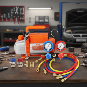 Pompe à vide AC Vevor monophasée 1/4 CV 4,5 CFM, kit réfrigérant CVC, ensemble de manomètres, tuyau tricolore, mallette de transport - Product Image 2