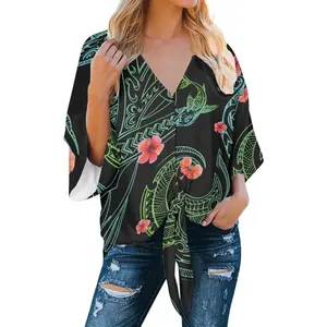 Tops de gasa elegantes de alta calidad para mujer, camisas de media manga con tatuaje Tribal polinesiano de tiburón y flores, blusas de gasa sueltas informales