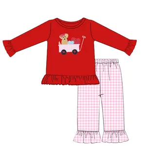 情人节蹒跚学步女婴衣服红色小熊印花心形长袖上衣配粉色格子裤蕾丝女孩时尚套装
