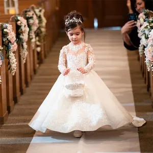 Flower Girl Dresses OEM Supply Small Quantity Little Kid Summer Lace 4-14 Year Old Long Spin Twirl Gown Flower Maxi Girl Dresses