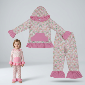 ชุดเสื้อผ้าเด็กผู้หญิงแขนยาวมีฮู้ดผูกโบว์พร้อมกางเกง - Product Image 1