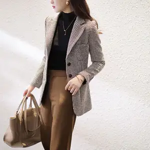 Setelan Blazer wanita, jas Blazer wanita elegan kotak-kotak, jaket panjang, jaket untuk wanita, Blazer modis, elegan, 2024