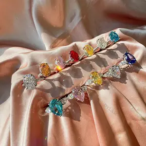 Dylam Luxury High Carbon Diamond Pink Blue Topaz Promise Pear Cut Engagement Wedding colorful Sterling Silver 925 zircon rings