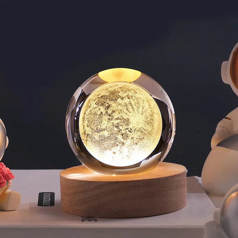 3D oyma yıldız güneş sistemi LED masa lambası ahşap taban 3d kristal top kristal gezegen gece lambası