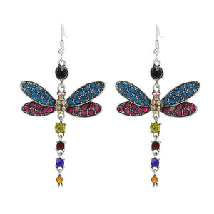 Boucles d'oreilles libellule colorées pour femmes, plaqué argent antique, strass en cristal, bijoux de fête à la mode - Product Image 1