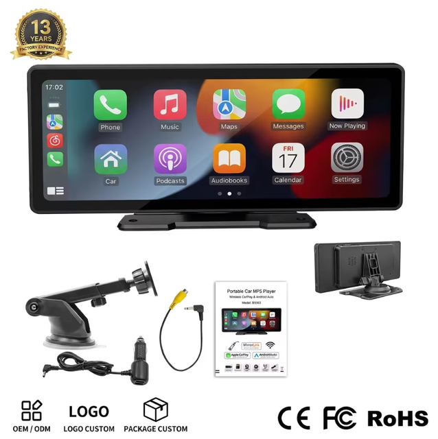 10.26 Inch Wireless CarPlay & Android Auto Portable Smart Screen, 1600*600 HD Touch Screen Car MP5 Player FM Transmitter
