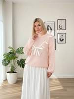 Pull tendance en dentelle à nœud papillon anti-rides rose automne pour rendez-vous romantique, fête d'anniversaire, pull à col roulé en tricot doux