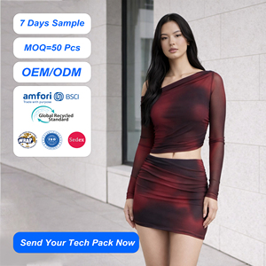 SHENGFU Kadın Kırmızı Siyah Fileli İki Parçalı Mini Elbise Tek Omuzlu Uzun Kollu Vücudu Saran Parti Kulüp Özel Tasarım OEM ODM - Product Image 1