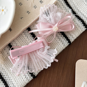Fermaglio per capelli in pizzo con fiocco fatto a mano in stile coreano per <span class=keywords><strong>bambina</strong></span>, motivo floreale, gonna in garza da principessa, clip laterale BB, dolce coppia - Product Image 3