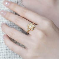 Cincin Bunga Berlapis Emas Asli Berkilau untuk Wanita Grosir