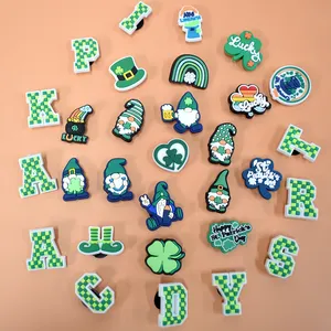 Wholesale St Patricks Day Cartoon Pvc Clogs Shoes Accessories Green Lucky Clover Soft Rubber Shoes Charms