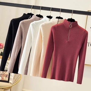 Suéter Feminino de Tricô Slim com Zíper e Gola Alta, Estilo Coreano, Cor Sólida, Manga Longa, para Primavera e Outono - Product Image 6