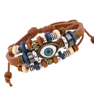 Fashion leather design multi layers evil eyes boho charm good luck bracciale unisex men jewelry China fornitore produttore - Product Image 2