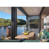 Maison flottante modulaire, conteneur préfabriqué, maison d'hôtel flottante sur l'eau, bateau domestique avec décoration intérieure, bateau, petite maison