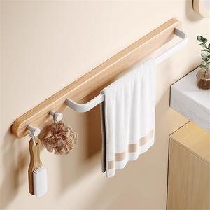 Toallero de estilo crema, sin perforaciones, para baño, de madera maciza, con barra colgante individual para almacenamiento de toallas. - Product Image 4