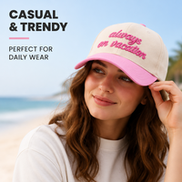 Casquette de baseball unisexe rose bonbon à 5 panneaux, style A-Frame, avec broderie 3D en relief 'Vacation', visière courbée blanc cassé, style streetwear