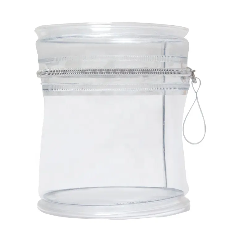 Sac cosmétique personnalisé sac de maquillage cylindrique rond sac de maquillage transparent en PVC avec fermeture à glissière ronde