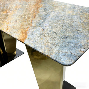 Table à manger en marbre de style minimaliste italien, texture dorée, pierre naturelle avec base en acier inoxydable, mobilier de vente en gros - Product Image 2