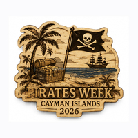 Imán de nevera multicolor de MDF de las Islas Caimán, recuerdo al por mayor, con impresión UV OEM, calavera Jolly Roger, regalo de la Semana del Pirata del Caribe