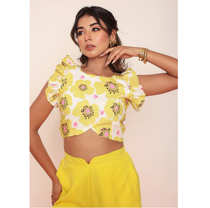 Blusa Ligera con Estampado Amarillo Brillante y Volantes para Mujer, Camisa Casual de Verano, Estilo Moderno para Uso Diario - Product Image 1