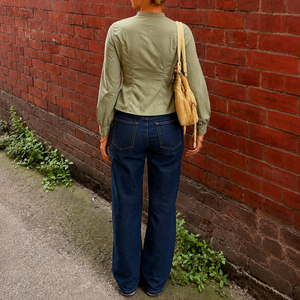 American Vintage Distressed Stand <b>Collar</b> Drawstring Waist Cinching Utility <b>Shirt</b> Elegant Flattering Button Puff Sleeve Top Women - Product Image 5