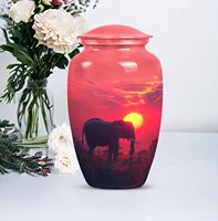 Urne funéraire commémorative en aluminium de 10 pouces, motif éléphant et coucher de soleil sur prairie rouge, pour cendres humaines adultes, scellée, pour la crémation de faunes sauvages