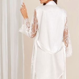 Robe de chambre en dentelle florale à manches longues avec logo personnalisé, peignoir de mariée, vêtements de nuit pour femmes, pyjama en soie - Product Image 4