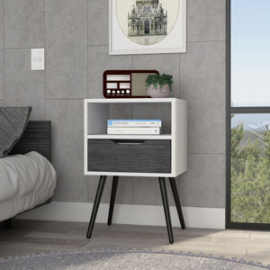 Otom Nightstand One Drawer <b>Open</b> Shelf Four Legs Smokey Oak White - Product Image 5
