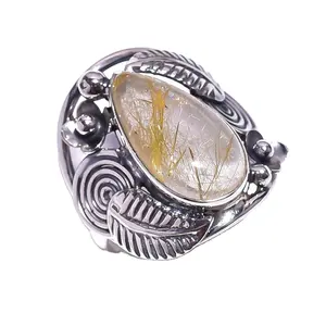 Golden rutile 925 silver leaf ring for women and girls sterling silver handmade jewelry for wedding and engagement