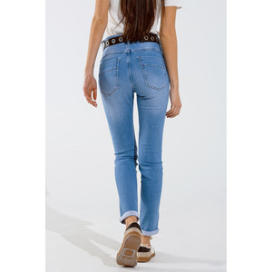 Jeans skinny en bleu délavé avec strass sur toute la partie avant - Product Image 1