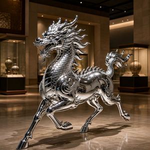 Sculpture Qilin Pixiu en acier inoxydable poli miroir, bestie mythique chinoise, statue animale Feng Shui, décoration moderne de luxe pour la maison - Product Image 5