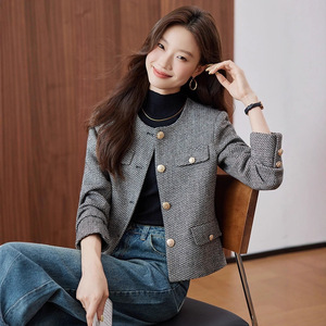 Grey Wool Blazer For Women Plaid Pattern Buttons Keep Warm Short Coat 2025 New Style High End Fashion - Product Image 3
