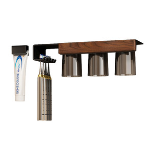 Porte-brosse à dents en bois de noyer, design minimaliste rectangulaire, à fixer au mur, pour salle de bain, avec porte-gobelets - Product Image 1
