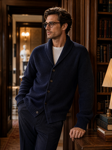 <span class=keywords><strong>Cardigan</strong></span> da <span class=keywords><strong>Uomo</strong></span> con Collo a Scialle, 90% Lana Merino 10% Cashmere, Lavorato a Maglia, <span class=keywords><strong>Blu</strong></span> Navy, Manica Regolare, Chiusura a Bottone Singolo, OEM - Product Image 4