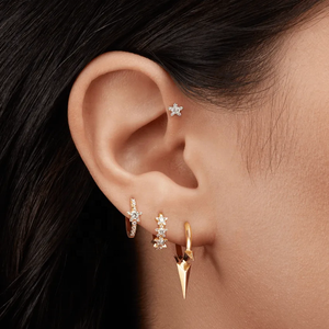 YINJU - أقراط من الفضة الاسترليني 925 و الذهب عيار 14 قيراط, الأناقة الكلاسيكية، مرصعة بنجمة الألماس و حلقة دائمة - Product Image 2