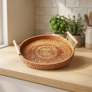 Plateau de service rond en rotin avec poignées en bambou, couleur unie, panier décoratif non fini pour usage résidentiel - Product Image 4