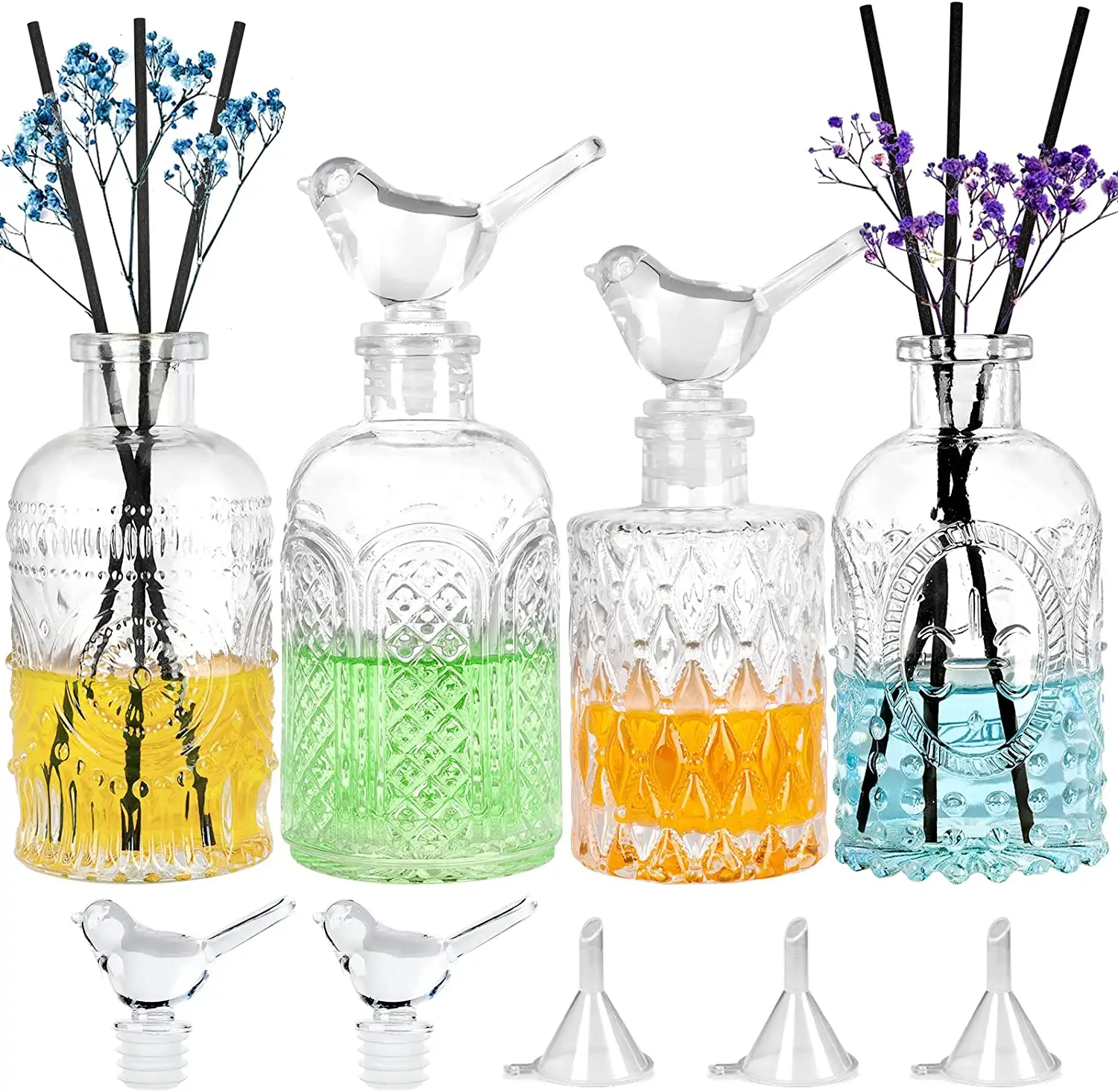 Diffuser Glass Bottles Decorative Bottles Vases Set of 4 Empty Clear Fragrance Reed Diffuser Storage Bottle with Reeds Sticks