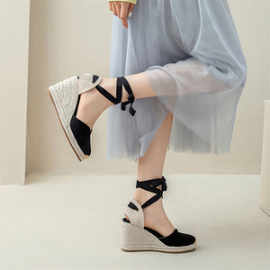 Sandalias de Plataforma con Cuña Negras para Mujer, Parte Superior de Lona Transpirable, Suela de Yute, Calzado Diario, Cierre de Tiras en el <span class=keywords><strong>Tobillo</strong></span>, Antideslizantes, Zapatos de Verano - Product Image 5