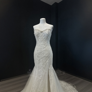 Nt156 Luxury Ivory Mermaid Bridal Dress Strapless Corset Beaded Lace Applique Wedding Gown Front Slit Jancember - Product Image 3