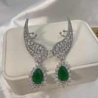 SENYU Élégantes Boucles d'oreilles Manchette en Zircon Cubique Vert Émeraude Taille Poire, Courbes Plume, Goutte d'eau, Filigrane, Aile, Bijoux de Luxe pour Femme