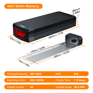 แบตเตอรี่ลิเธียมไอออน EU Ebike 48V 30Ah สำหรับติดตั้งท้ายจักรยานไฟฟ้า ชาร์จได้ พร้อมจอ LCD ระบบ BMS 50A เครื่องชาร์จ 4A โครงเหล็ก - Product Image 6