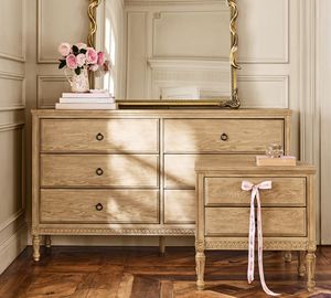 French Vintage Solid Wood 6-Drawer Chest of Drawers &amp; 2-Drawer <strong>Bedside</strong> <strong>Table</strong> with Carved Legs, <strong>Antique</strong> Bedroom Storage Furniture - Product Image 3