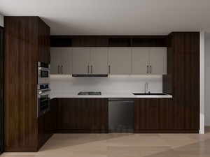 Tủ bếp hiện đại phẳng, màu xám nhạt óc chó tối Alvin, thiết kế tùy chỉnh, dạng mô-đun, bằng gỗ, có chậu rửa, dành cho biệt thự và căn hộ. - Product Image 1