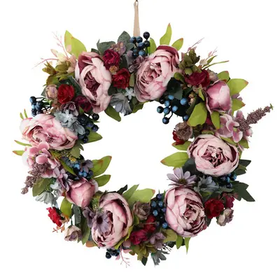 Decoratieve Bloem Kransen 45Cm Kunstzijde Rose Peony Bloem Blueberry Dusty Roze Krans Voor Deur Wanddecoratie