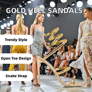 फीता-अप बंद के साथ महिला के सोने के सैंडल खुले पैर की ऊँची एड़ी के जूते - Product Image 3