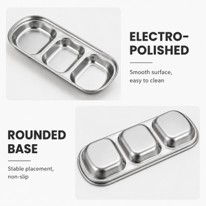 Electro-Polished Stainless Steel 3-Compartment Food Container Rectangular Easy To Clean Non-Slip Base Minimalist Design - Product Image 1