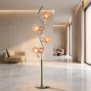Hotel Decorative Lotus Floor Lamp, Curvy Gold Frame 4 Glowing Pink Acrylic Flower Standing Light, Ambient Lamp - Product Image 1