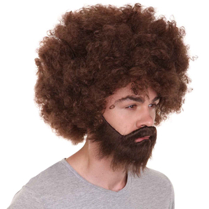 Perruque et barbe de <span class=keywords><strong>Bob</strong></span>, peintre joyeux des années 80, pour adulte, perruque afro bouclée brune classique de célébrité pour Halloween, ensemble perruque et barbe de <span class=keywords><strong>Ross</strong></span> - Product Image 5