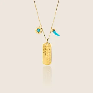 Double Layer Personalised Inscription Gold-plated Blue Turquoise Chili Pepper Rectangle Sun Charm Bar Dog Tag Necklace Women